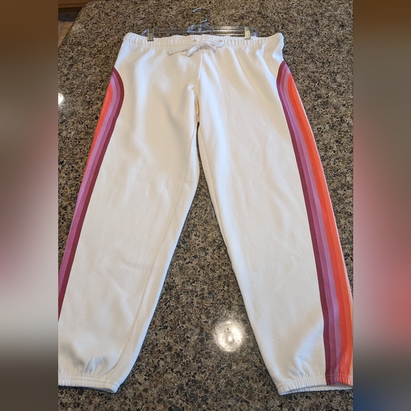 Marine Layer Pants - Marine Layer Cloud 9 Fleece Jogger Sweats Antique White Retro Rainbow Stripe XL